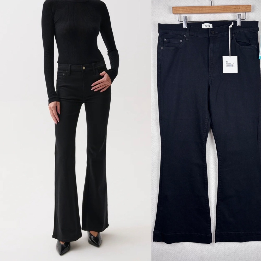 NWT PISTOLA Kinsley Ultra Flare Jeans Size 33 14/16 Black Mid Rise Stretch Denim